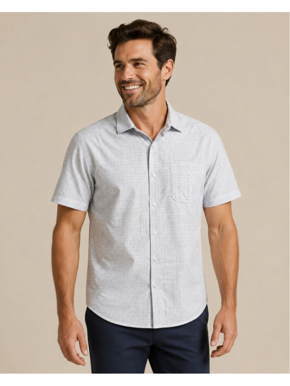 TravisMathew Men’s Medium Blue Micro-Check Short-Sleeve Shirt